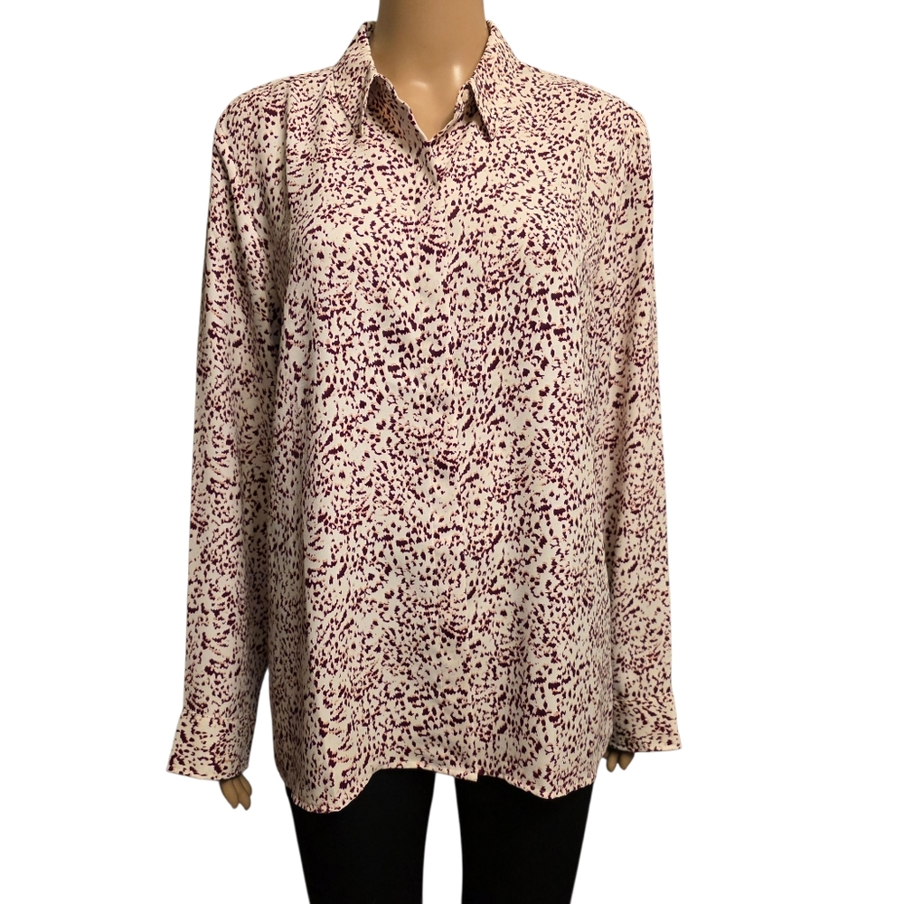 Express Poerofini Women's White and Maroon Patterned Blouse Size L - Picture 2 of 13